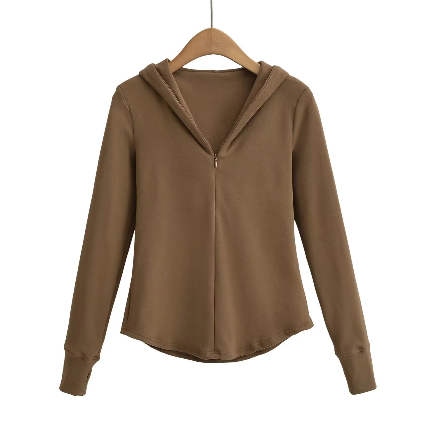 Slim solid color long sleeved zipper hooded sweatshirt