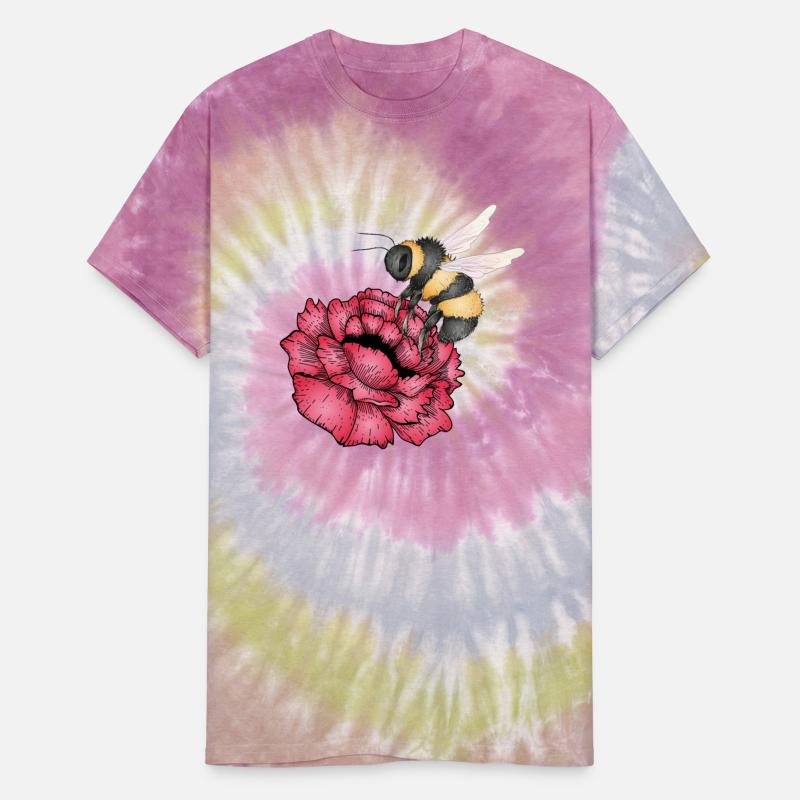 Drawing of a flying bumblebee with a red flower