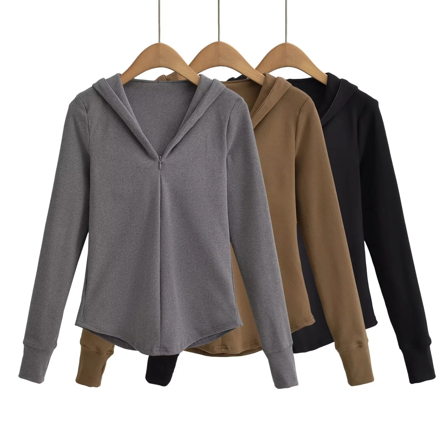 Slim solid color long sleeved zipper hooded sweatshirt