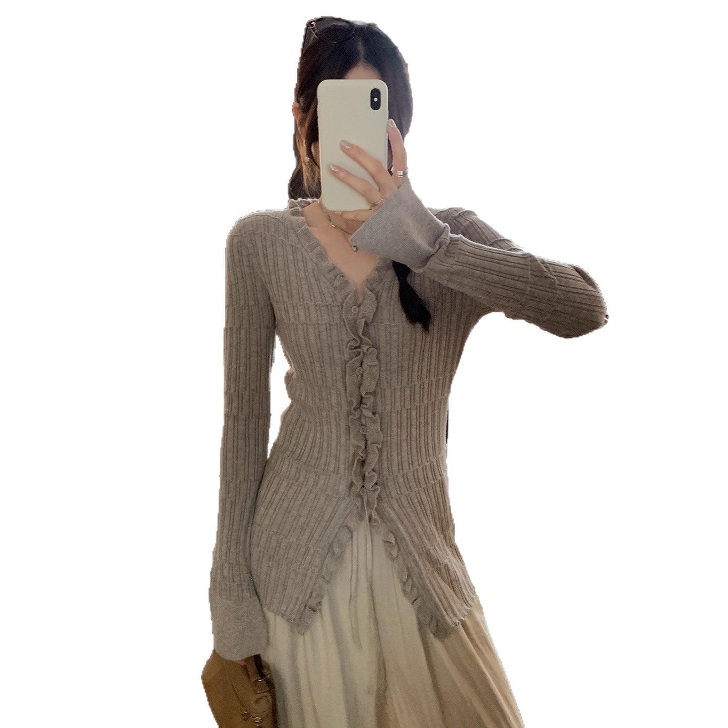 Ruffled Fitted Long Sleeve Knit Cardigan for Women