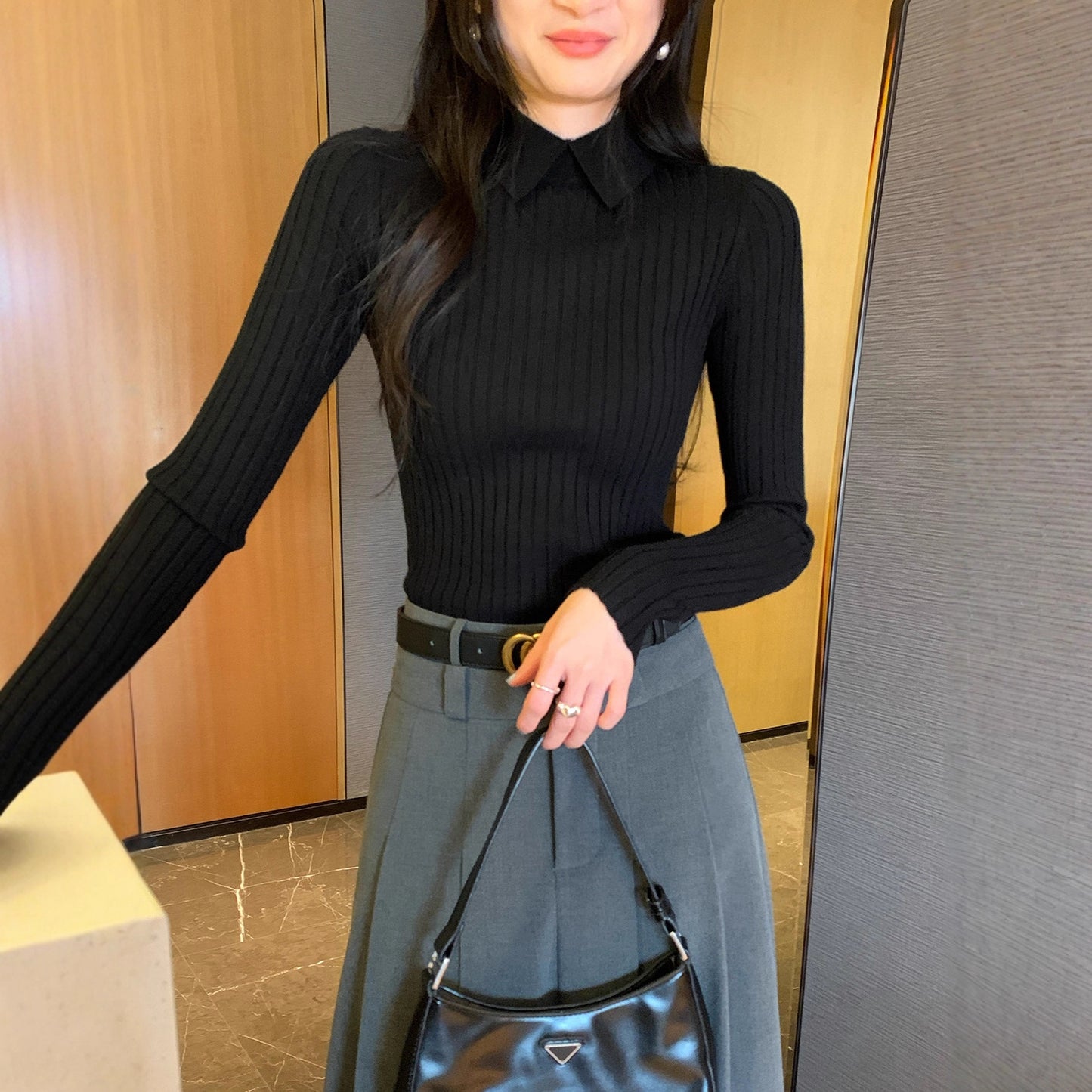 Style Navy Blue Polo Neck Knit Top for Women,Ribbed Slim Fit Inner Layer Shirt