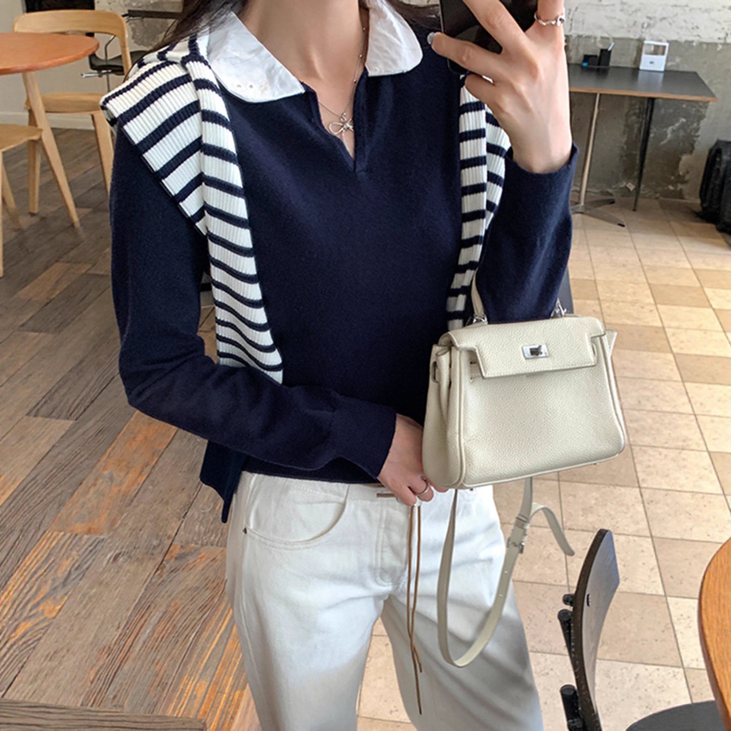 College Color-block Polo Neck Knit Top for Women