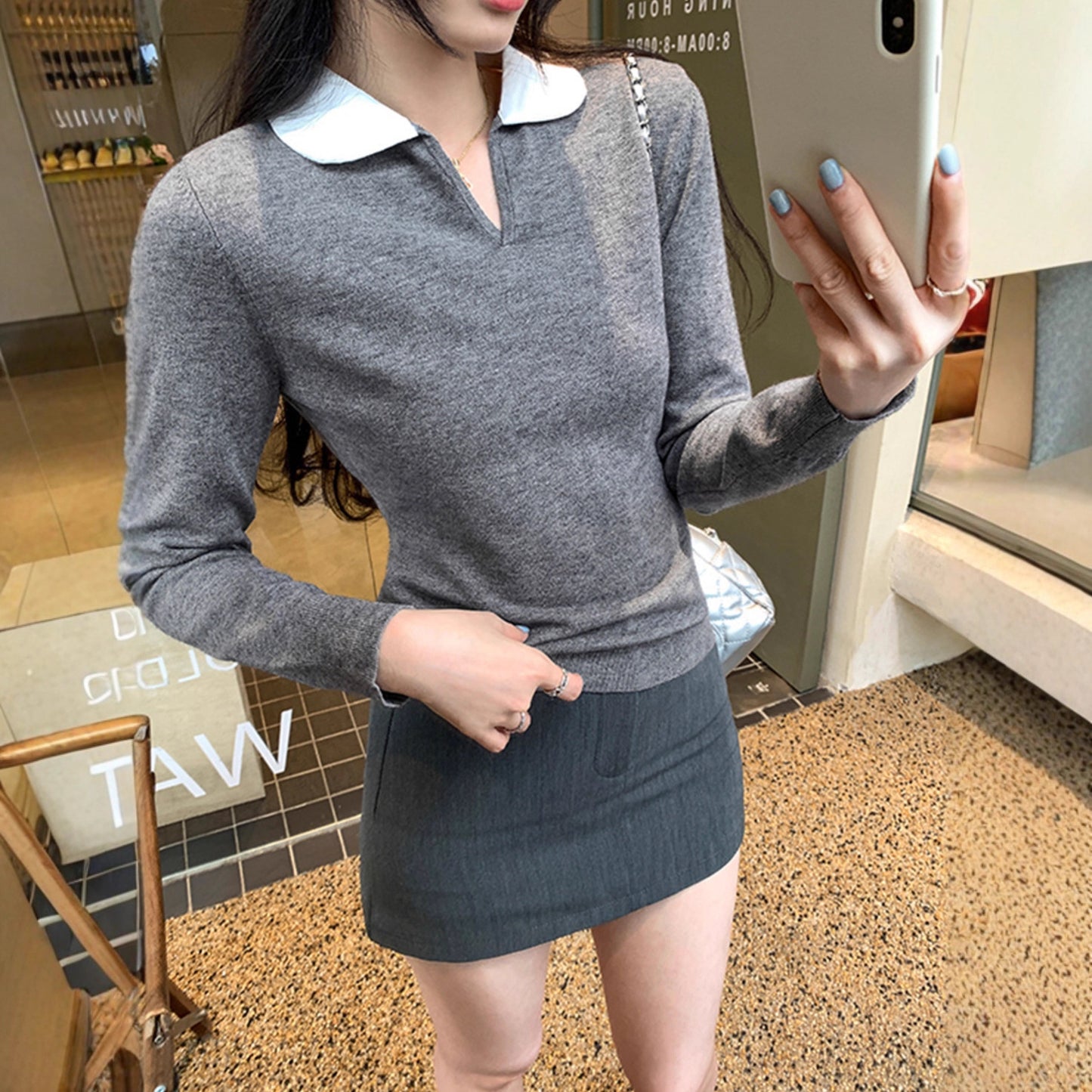 College Color-block Polo Neck Knit Top for Women