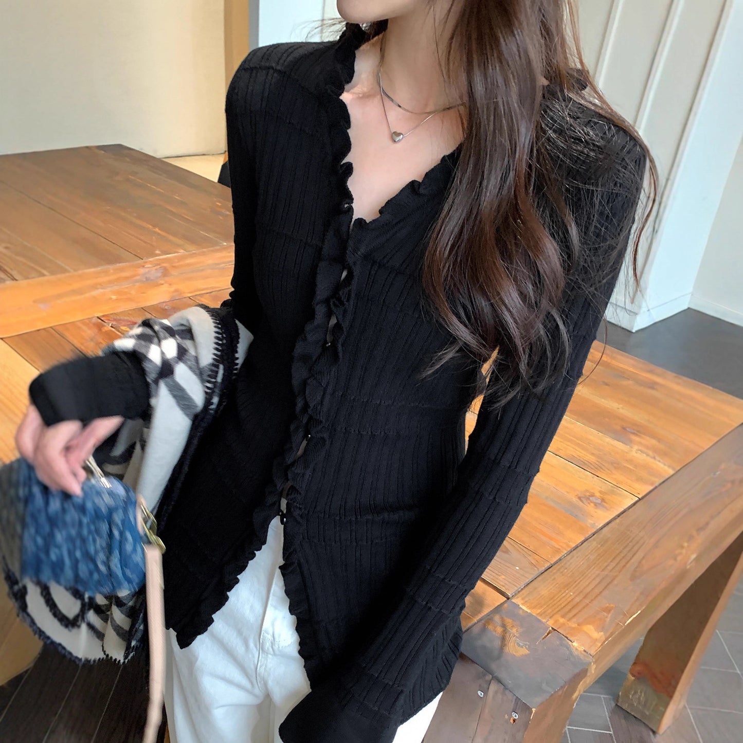 Ruffled Fitted Long Sleeve Knit Cardigan for Women