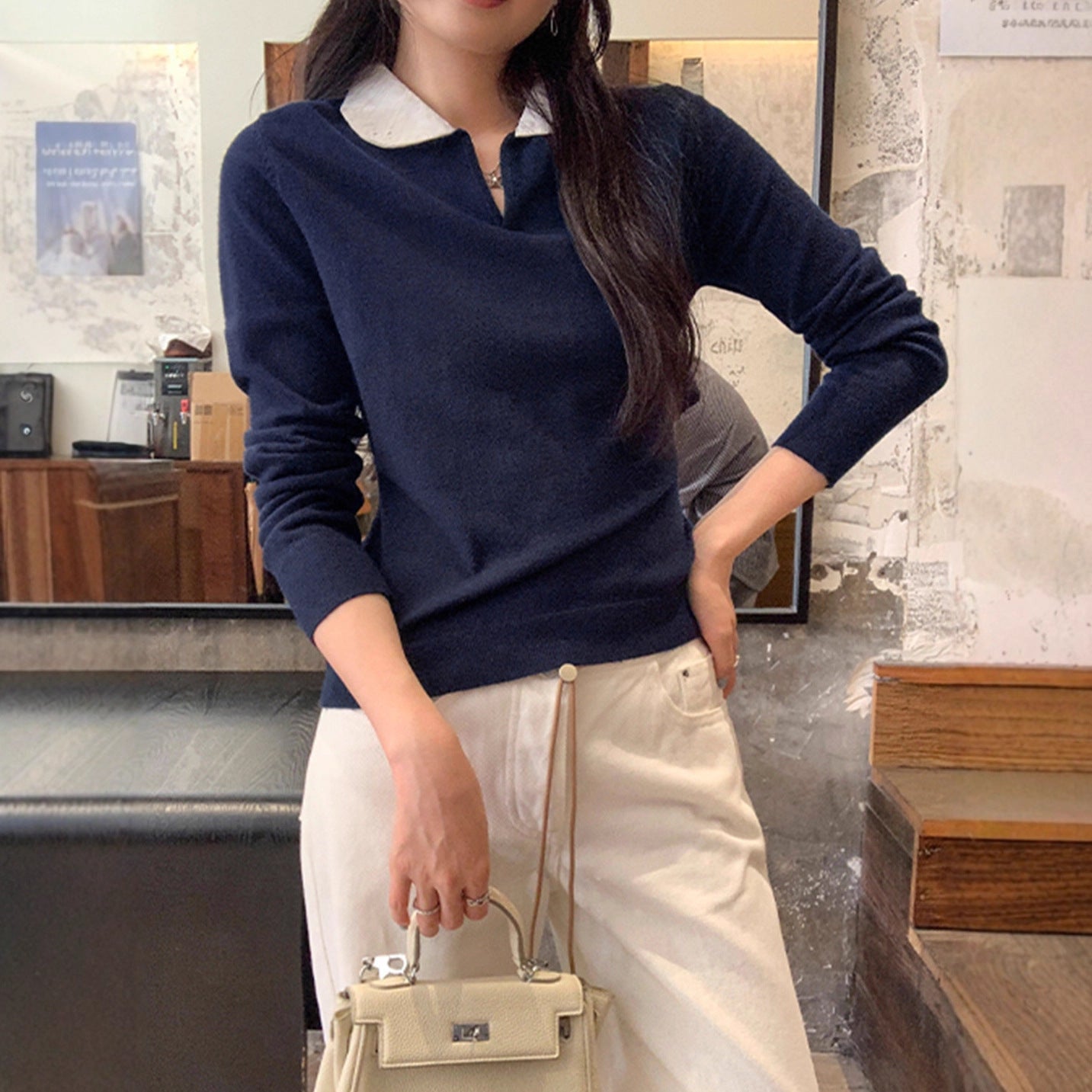 College Color-block Polo Neck Knit Top for Women