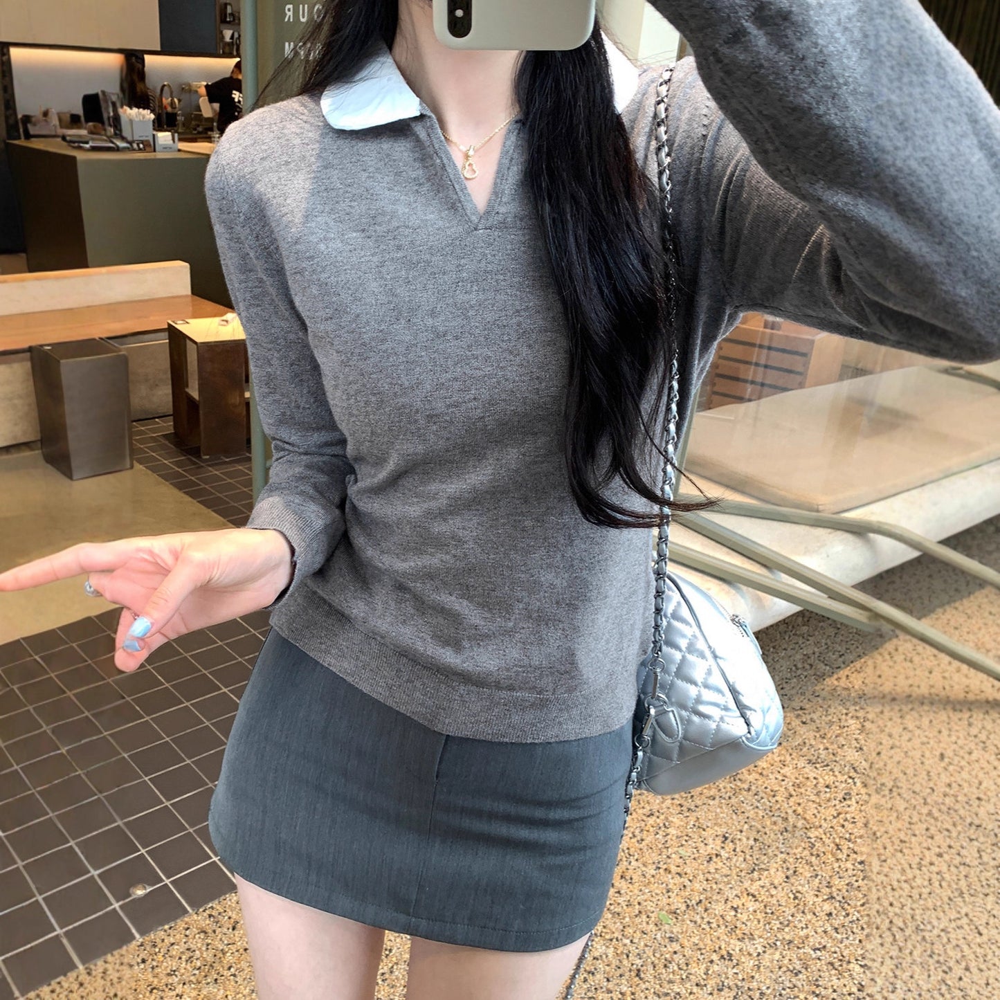 College Color-block Polo Neck Knit Top for Women