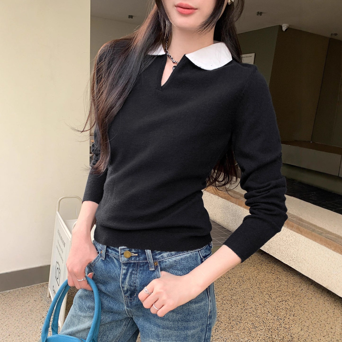 College Color-block Polo Neck Knit Top for Women