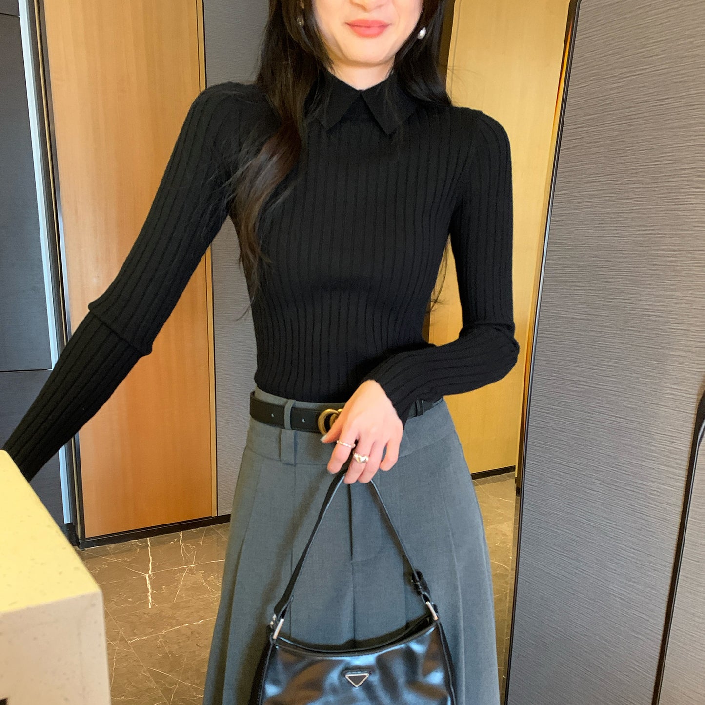 Style Navy Blue Polo Neck Knit Top for Women,Ribbed Slim Fit Inner Layer Shirt