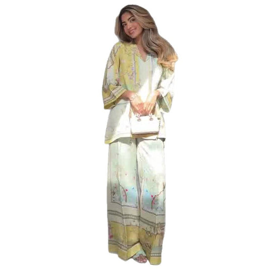 Elegant printed top+wide leg pants two-piece set