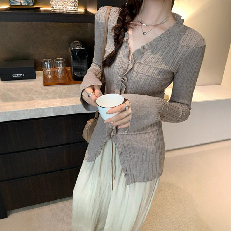 Ruffled Fitted Long Sleeve Knit Cardigan for Women