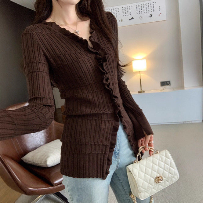 Ruffled Fitted Long Sleeve Knit Cardigan for Women