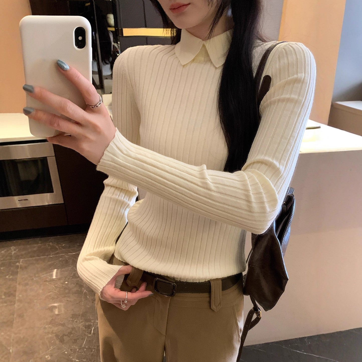 Style Navy Blue Polo Neck Knit Top for Women,Ribbed Slim Fit Inner Layer Shirt