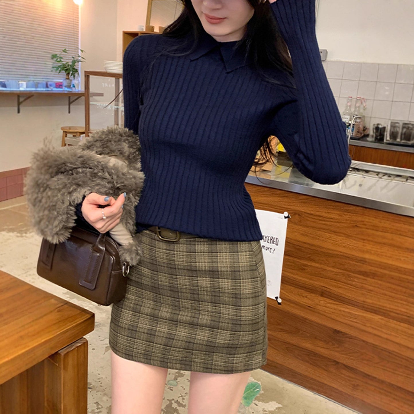 Style Navy Blue Polo Neck Knit Top for Women,Ribbed Slim Fit Inner Layer Shirt