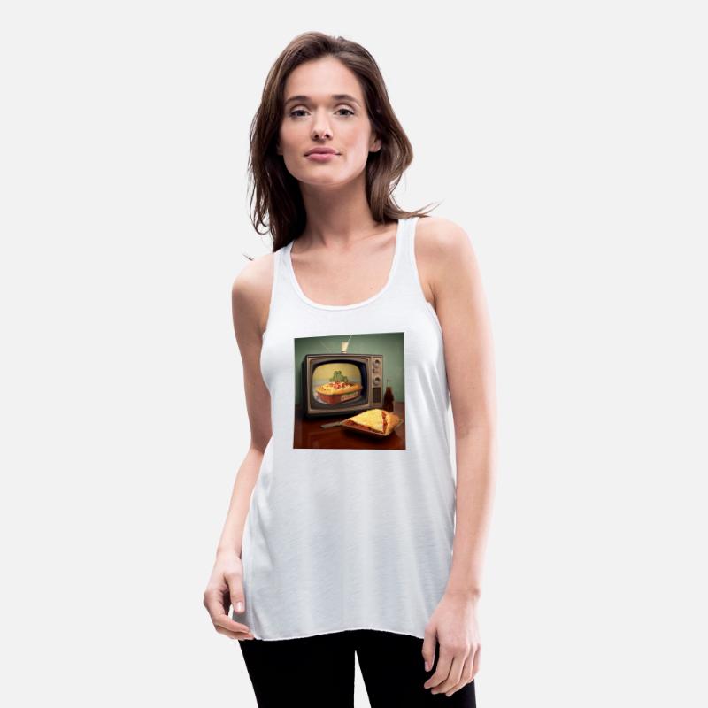 A pizza sitting on top of a pan to a television