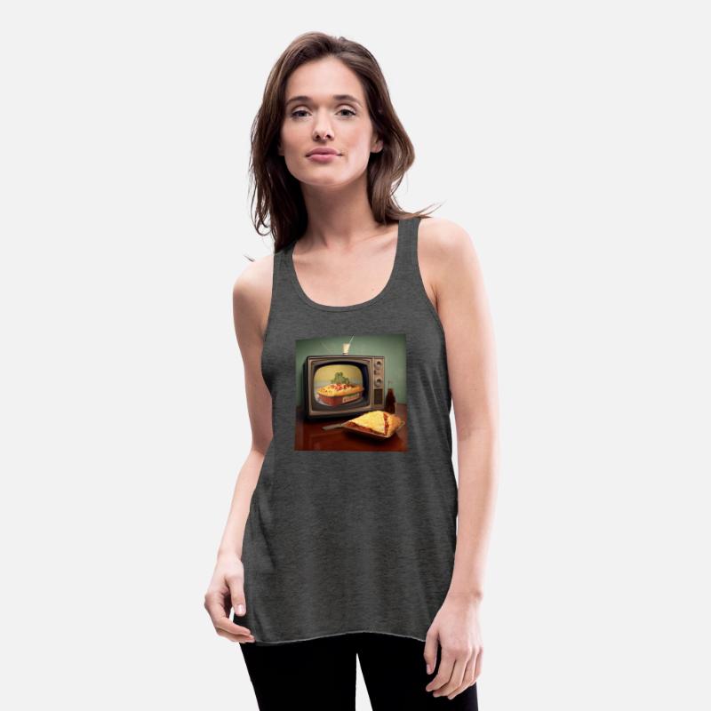 A pizza sitting on top of a pan to a television