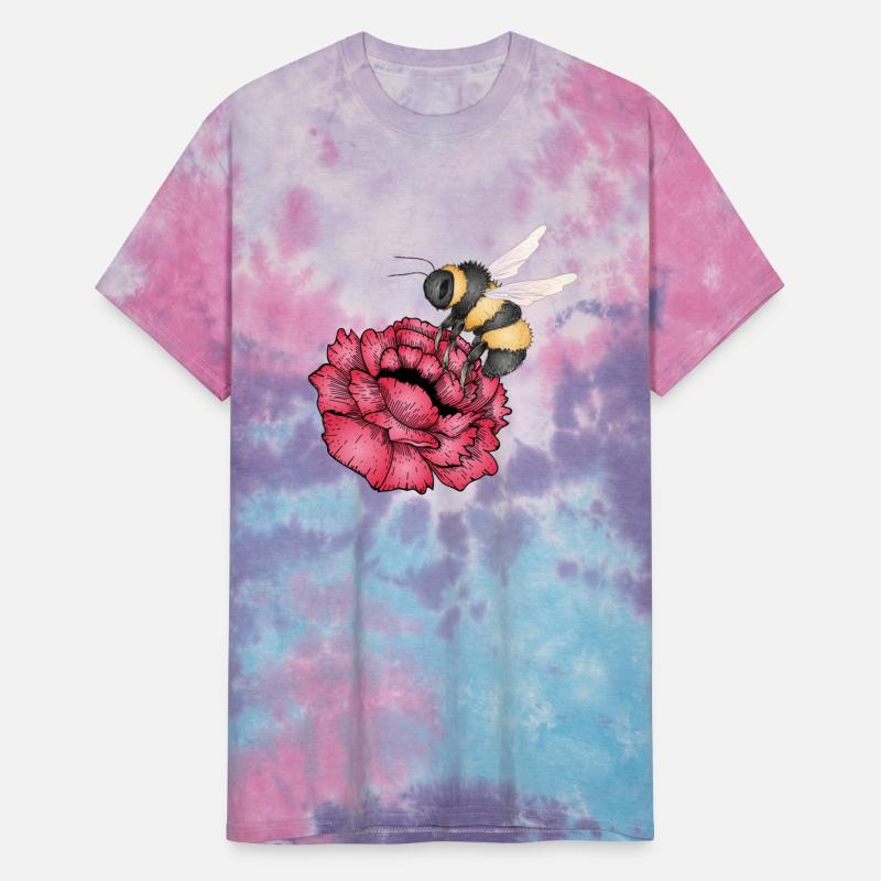 Drawing of a flying bumblebee with a red flower