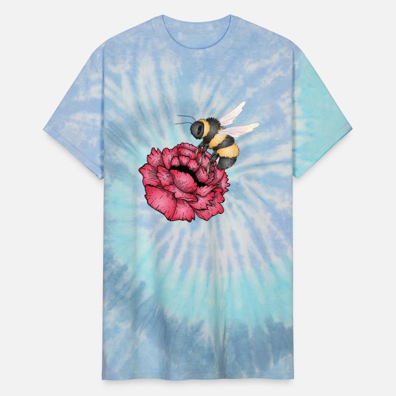 Drawing of a flying bumblebee with a red flower