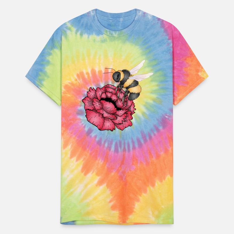 Drawing of a flying bumblebee with a red flower