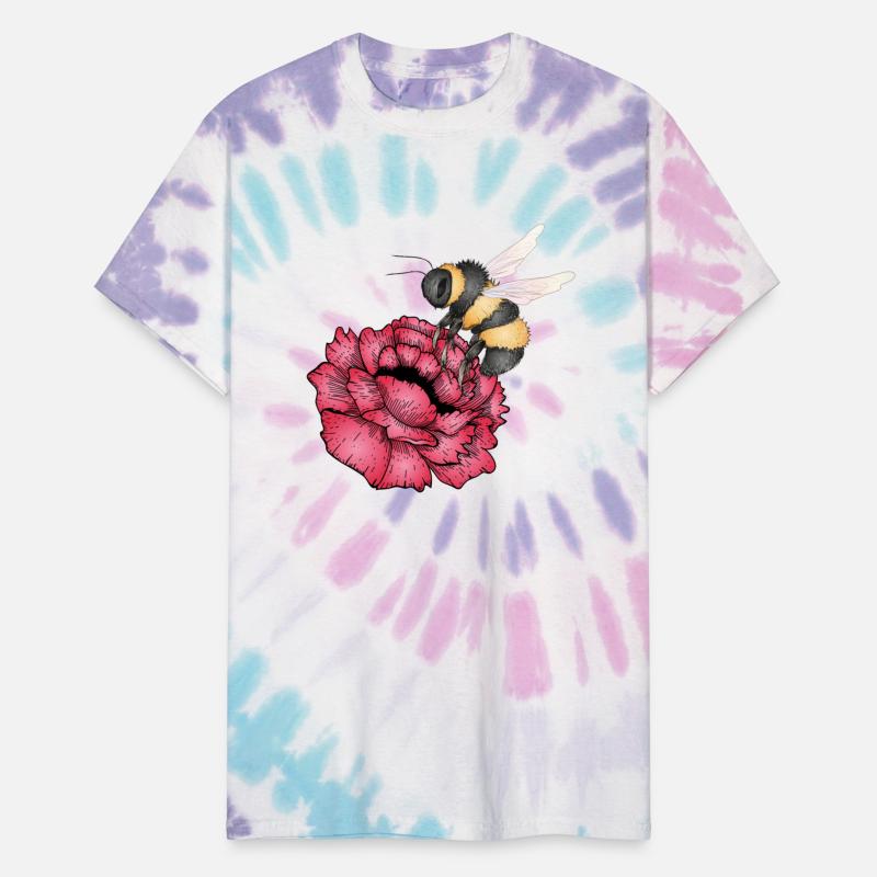 Drawing of a flying bumblebee with a red flower