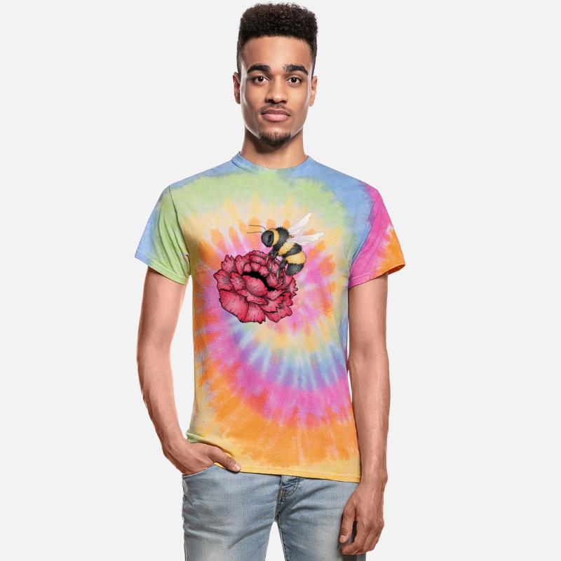 Drawing of a flying bumblebee with a red flower