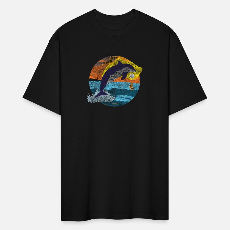 Porpoise Jumping Out of Ocean At Sunset Line Art