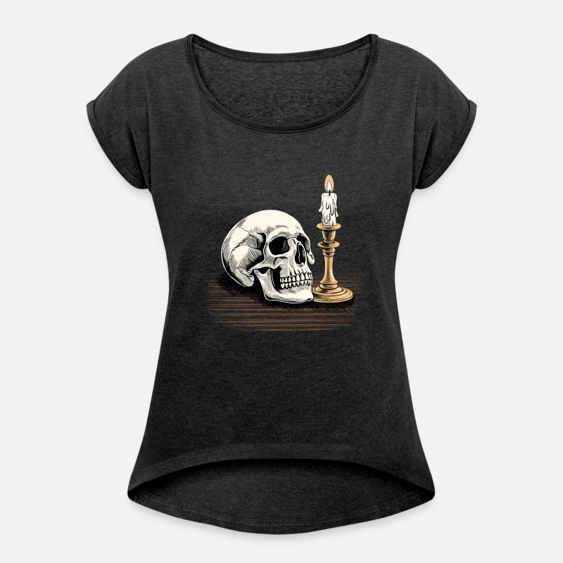 Skull with a burning candle on the table