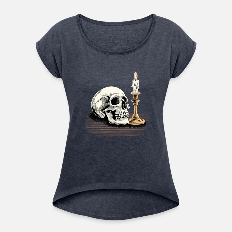 Skull with a burning candle on the table