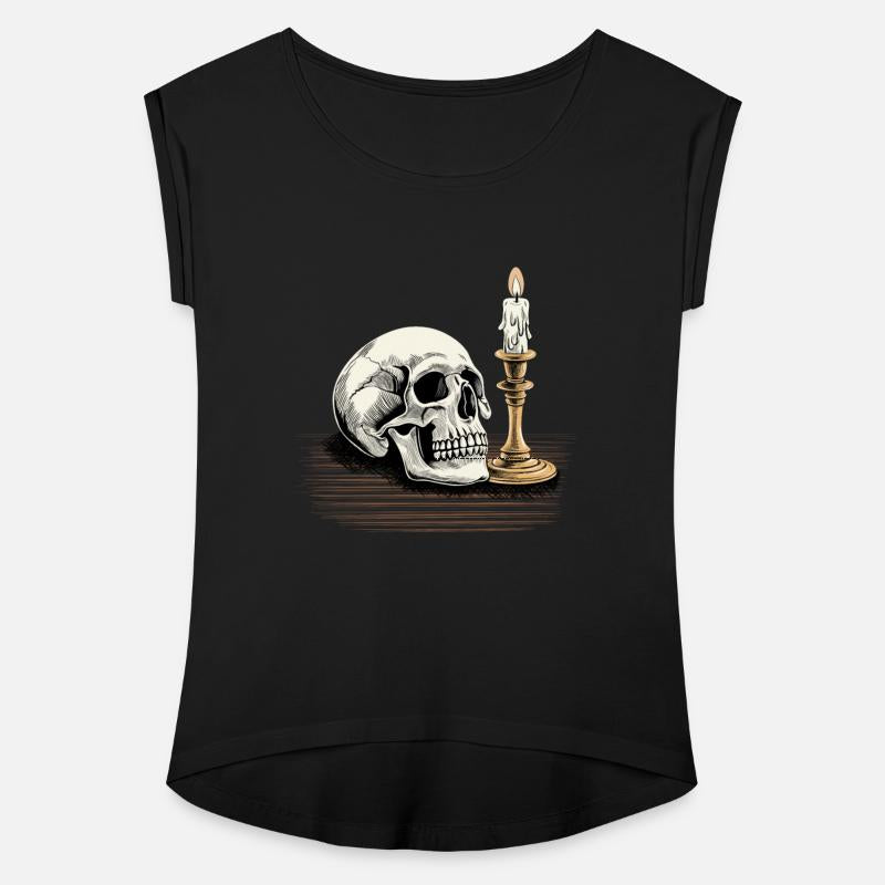 Skull with a burning candle on the table