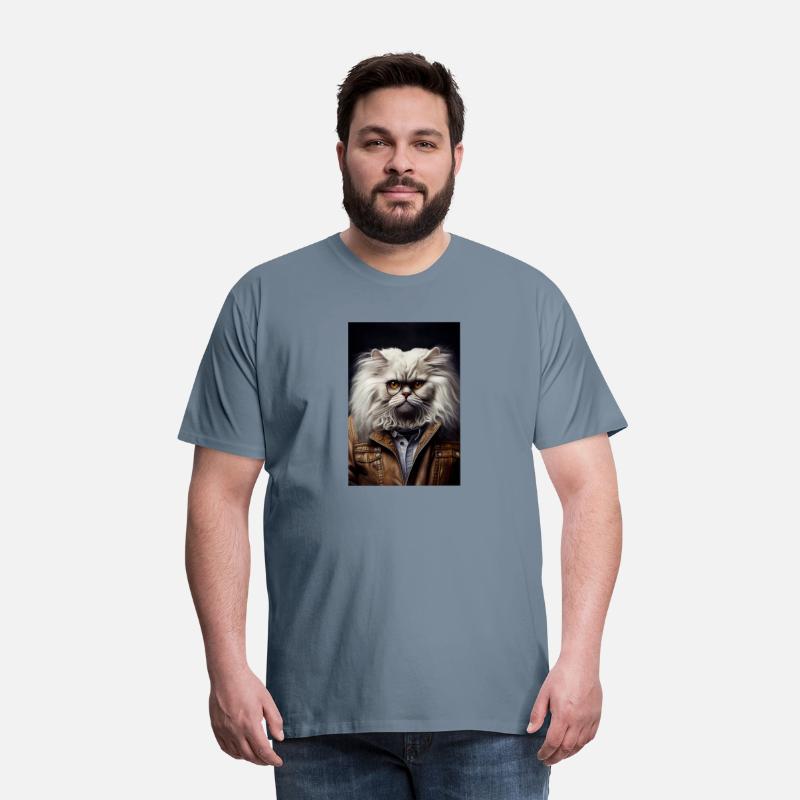 White Angora Persian cat wears a leather jacket Ca