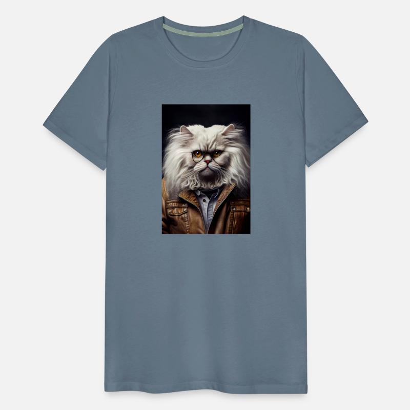 White Angora Persian cat wears a leather jacket Ca